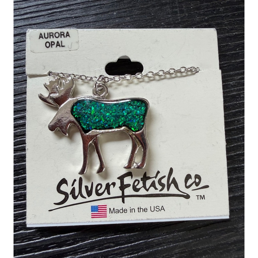 Silver Fetish Co Aurora Opal Moose Pendant Necklace Green Silver Tone USA Made
